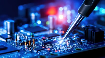 Poster - Close-up of a technician soldering components on a circuit board in a high-tech environment