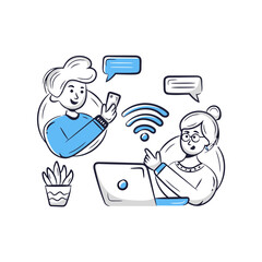 Poster - Communication technology network connection social media digital devices online people internet wireless laptop vector art illustrations