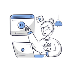 Poster - Woman laptop video online streaming content creator digital marketing social media watching tutorial webinar 100 vector art illustrations
