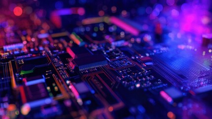 Aufkleber - Close-up view of a vibrant circuit board showcasing intricate electronic components and glowing lights