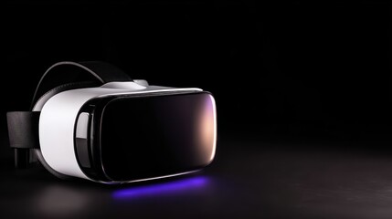 Poster - Futuristic virtual reality headset positioned on a sleek surface, illuminated with ambient light
