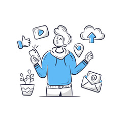 Poster - Illustration of man using social media marketing and cloud computing technology for communication vector art illustrations