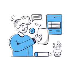 Poster - Man document checklist business report file folder pencil plant communication success task organization vector art illustrations