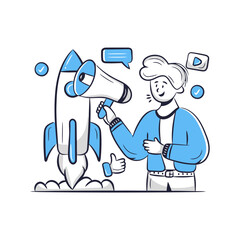 Poster - Rocket startup launch marketing promotion megaphone announcement success growth vector illustration vector art illustrations