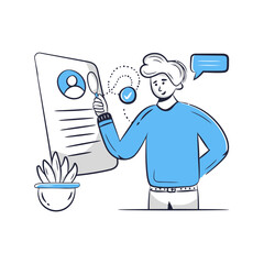Poster - Candidate resume search job recruitment hr hiring employment application review find magnifying glass man vector art illustrations