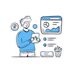 Poster - Man tablet data analytics dashboard business graph chart diagram information technology illustration cartoon vector vector art illustrations