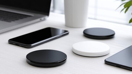 Poster - Modern workspace featuring wireless chargers, smartphone, and laptop on a clean desk with greenery