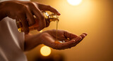 Woman pouring golden oil from bottle into her hand in warm light. Skincare routine and natural beauty product concept.