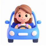 Smiling Girl Driving a Blue Cartoon Car