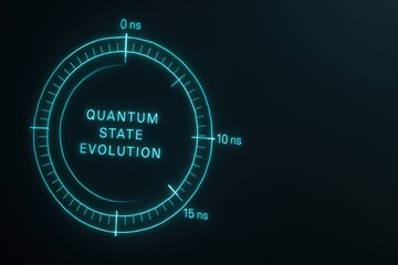 Poster - Quantum State Evolution Diagram with a Timeline Representation in Neon Blue Glow