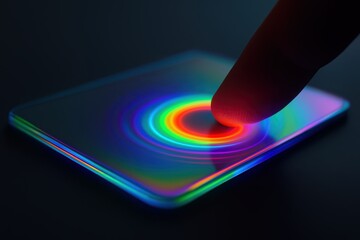 Poster - Colorful Light Reflection with Finger Touching Vibrant Circular Pattern on Dark Surface