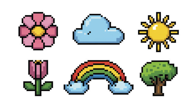 Set of pixel art icons representing various nature elements including flowers, sun, cloud, rainbow, and tree with transparent background is displayed
