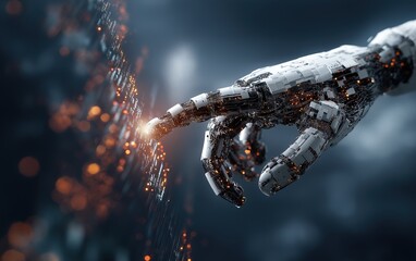 Poster - AI-powered robotic hand operating luminous data panel with neural network connections. Futuristic business technology and intelligent machine learning system integration.