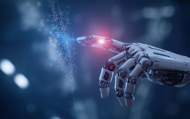 Poster - Robotic hand interacting with holographic data interface in glowing futuristic environment. Business technology innovation and machine learning applications with AI analysis visualization.