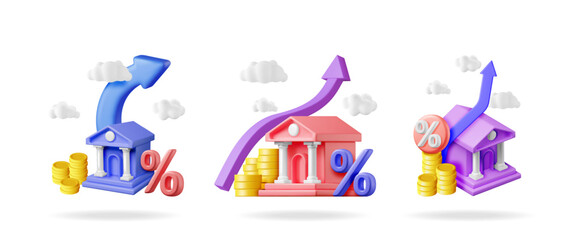 Poster - Three colorful 3d bank or finance buildings with gold coins, up arrows, and percentage signs, reflecting rising interest rate return.