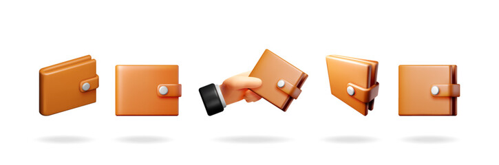 Poster - Set of 3d brown wallets and a human hand holding one. Digital illustration for finance, budget, savings, and payment concept.