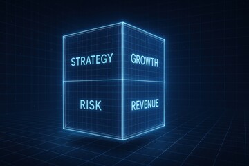 Poster - A glowing blueprint cube illustrates core business concepts like strategy growth risk and revenue highlighting decision-making and innovation in a dynamic market