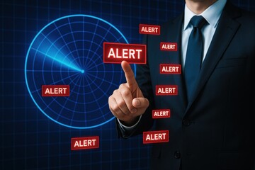 Poster - A business professional strategically managing alert notifications on a radar screen highlighting decision-making and growth opportunities