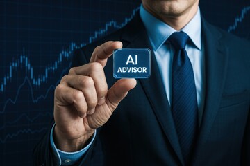 Poster - A businessman demonstrates strategic decision-making by holding a crystal AI advisor chip symbolizing innovation and growth in business