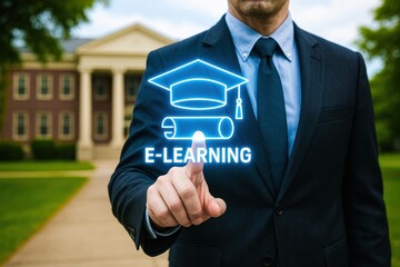 Poster - A businessman demonstrates strategic decision-making by engaging with a virtual e-learning concept that symbolizes innovation and growth in education and business