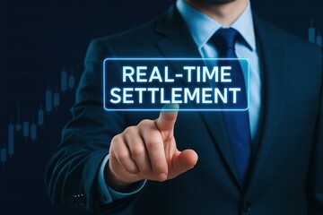 Poster - A businessman engages with innovative technology to enhance efficiency and decision-making in real-time settlement strategy within finance