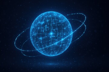 Poster - The glowing data sphere symbolizes innovation and strategy as interconnected particles orbit around it representing dynamic decision-making in business growth