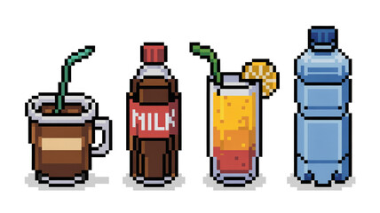Fototapete - Four colorful pixel art drinks including coffee, chocolate milk, a glass of orange juice with a slice of orange and a bottle of water on a transparent background