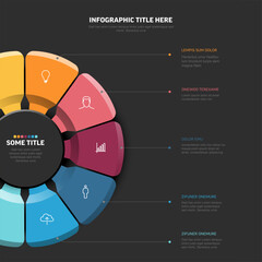 Poster - Modern radial infographic template with colorful segments and icons. Circle diagram is ideal for presenting business data or concepts visually, utilizing a modern radial infographic template design.