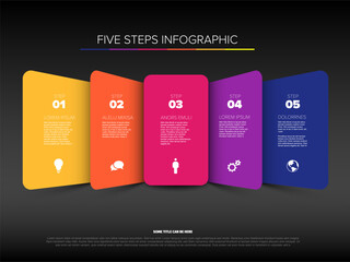 Poster - A modern five steps infographic template displays five colorful options with icons. This infographic design is perfect for presentations and visual data representation with clearly defined steps.