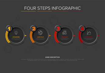 Poster - Modern dark template with four steps infographic diagram designed horizontally. Use to display process steps or options easily in a presentation. This four steps infographic is a useful template.