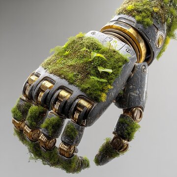 The image is of a realistic 3D rendering of a mechanical hand. The hand is made of silver metal and has intricate details.