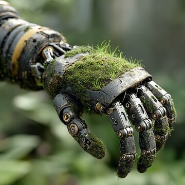 The image is of a realistic 3D rendering of a mechanical hand. The hand is made of silver metal and has intricate details.