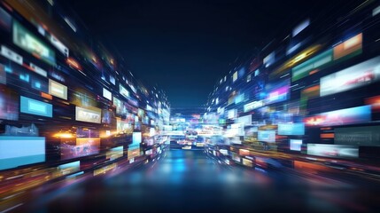 Leinwandbilder - Abstract dynamic digital media and motion technology concept with flying television screens, streaming visuals, and blurred multimedia elements in air. Futuristic background for online streaming platf