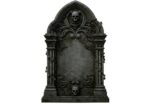 Gothic stone archway with angels and gargoyles isolated on transparent background