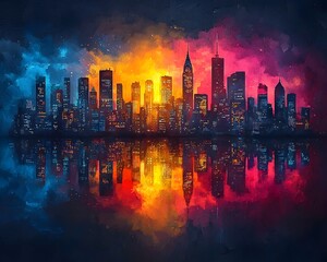 Poster - Vibrant Neon City Skyline Reflected in Water