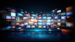 © zhou yan - Abstract dynamic digital media and motion technology concept with flying television screens, streaming visuals, and blurred multimedia elements in air. Futuristic background for online streaming platf