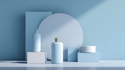 Minimalist style 3D rendering product display, using light blue background and soft light and shadow, modern business style design, blank area can add text or brand logo, high-detail abstract design