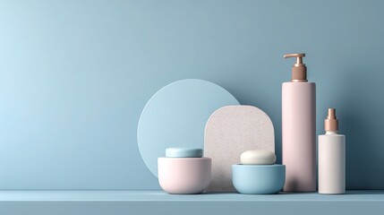 Minimalist style 3D rendering product display, using light blue background and soft light and shadow, modern business style design, blank area can add text or brand logo, high-detail abstract design
