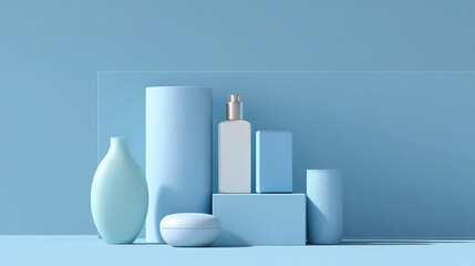Minimalist style 3D rendering product display, using light blue background and soft light and shadow, modern business style design, blank area can add text or brand logo, high-detail abstract design