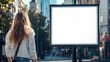 © ds17 - Woman looking at blank white banner mockup in city, back view with copy space
