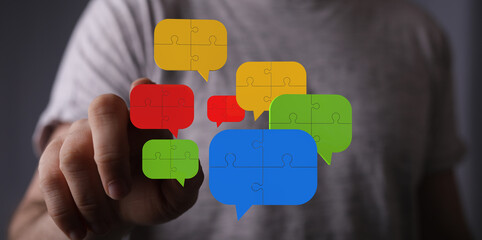 Poster - abstract image of a person interacting with colorful speech bubbles, representing communication and 