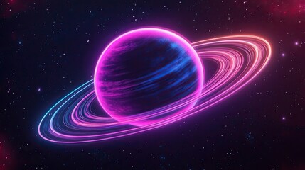 Poster - A sleek neon-outlined planet surrounded by thin orbiting rings on a dark background.