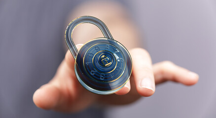 Aufkleber - Secure your data.  Image of a hand holding a digital combination lock.