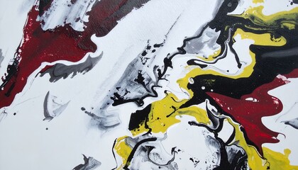 Poster - Abstract acrylic paint artwork with flowing colors of red, yellow, white, black and grey creating a textured and dynamic artistic composition, close-up