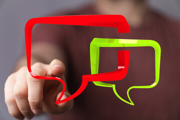 Poster - abstract image of a hand interacting with colorful speech bubbles. ideal for communication, dialogue