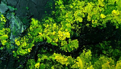 Poster - Abstract art piece with vibrant yellow and green textures on a dark background, showcasing a unique and textured artistic composition.