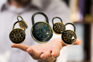 Aufkleber - Image of combination locks floating above an outstretched hand, symbolizing data security and protection.
