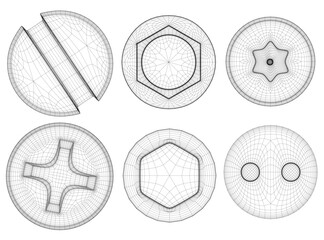 Poster - A set of six different screw heads, including a star, are shown in a black and white drawing