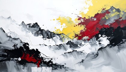 Poster - Abstract mountain landscape painting with bold brushstrokes and vibrant colors including yellow, red, black, gray, and white, creating a textured artwork