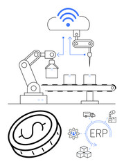 Poster - robotic arm moving items on conveyor belt, iot cloud for data, erp system, and currency icon highlig